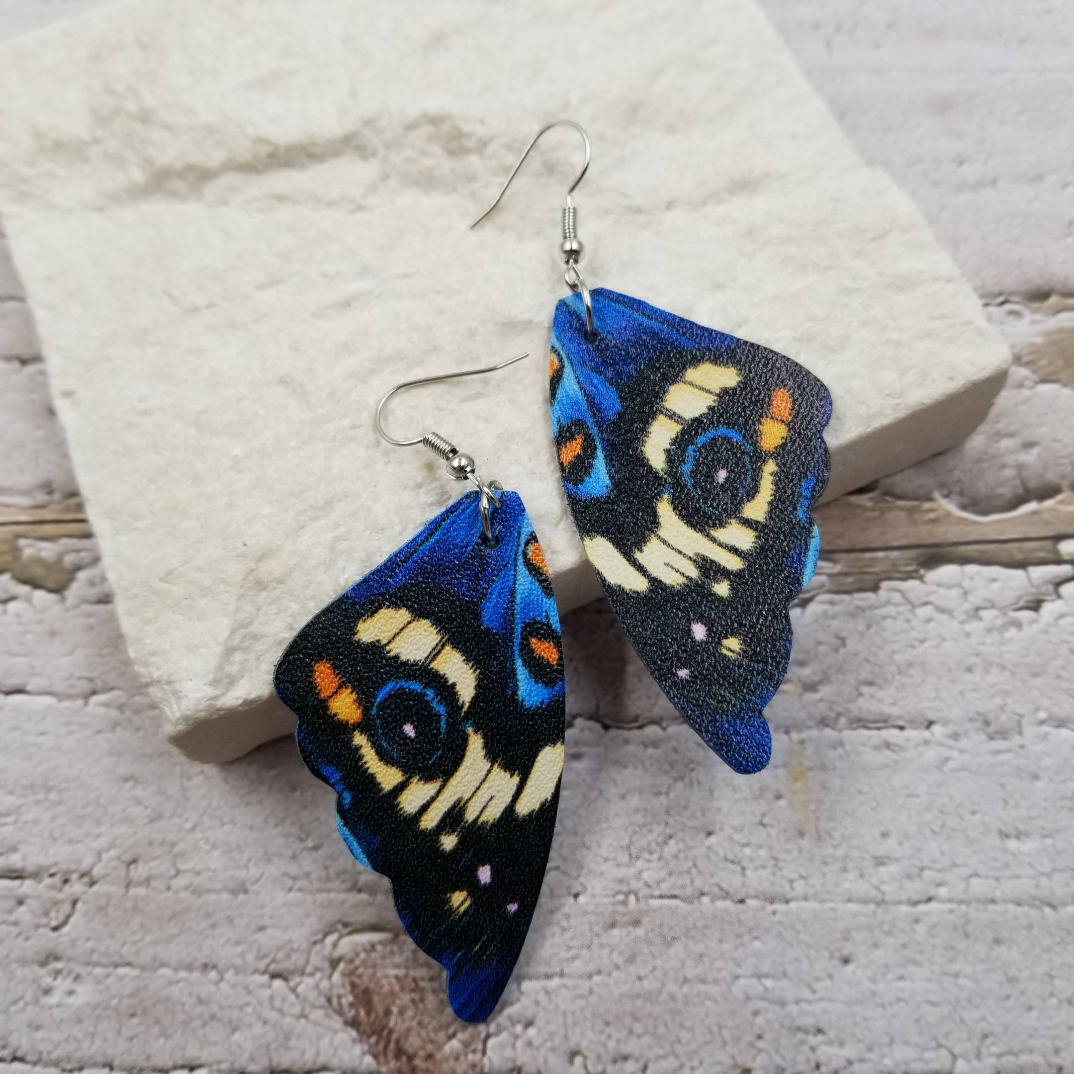 Deep Blue Butterfly Wings Leather Earrings - Image 2