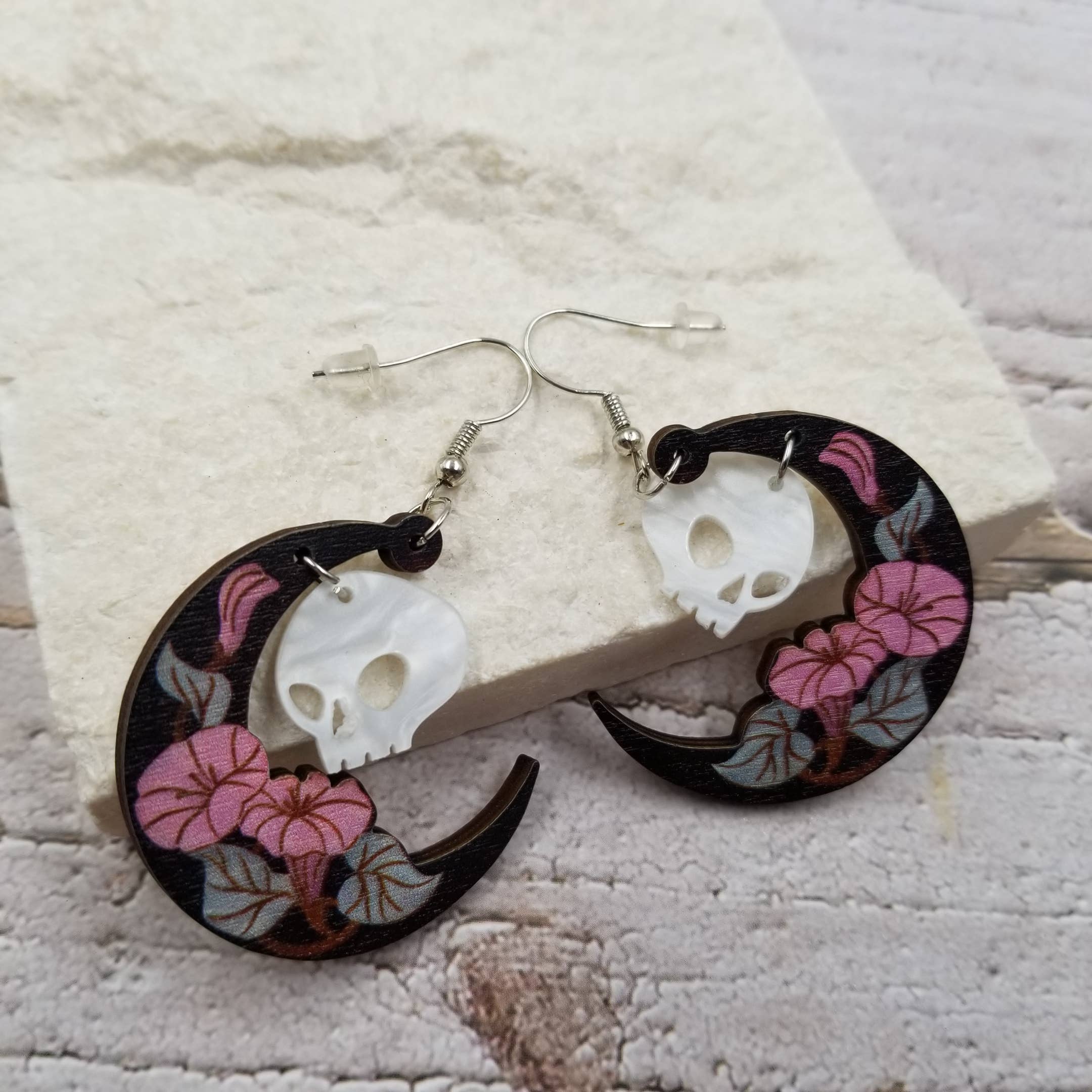 Halloween Skull Wood Moon Earrings - Image 2