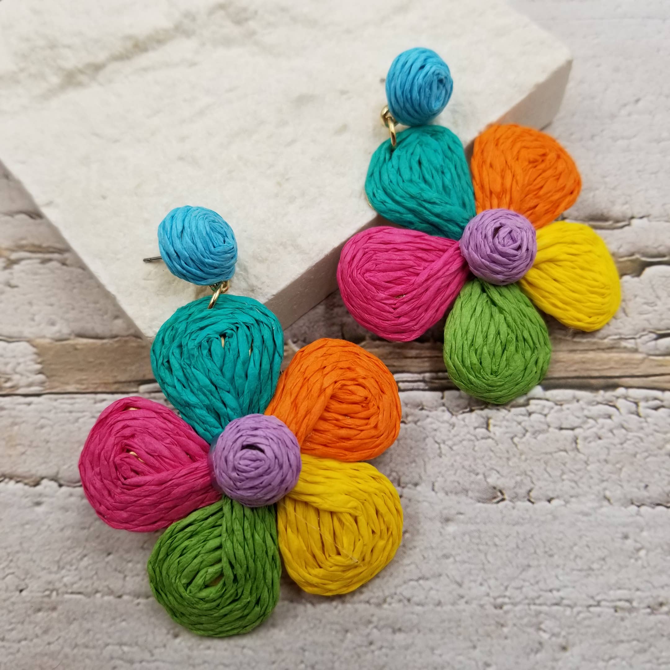 Handmade Flower Beach Rattan Pom Poms Earring - Image 2